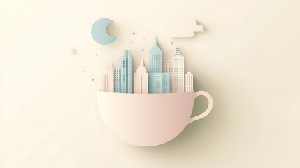 Cityscape Teacup Dreams: Whimsical Paper Cut Illustration in Pastel Tones