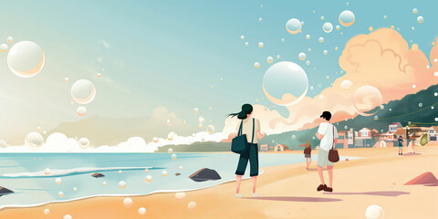 Illustration of People Enjoying a Beach with Bubbles and Coastal Scenery