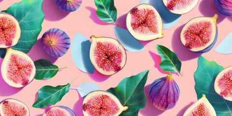 Vibrant Fresh Figs and Leaves on Pink Background for Modern and Colorful Design