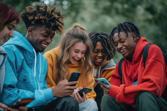 Group of smiling diverse teenagers in colorful hoodies laughing and looking at smartphones outdoors. Concepts of friendship, technology, and youthful joy in a natural setting.