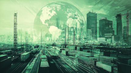Logistics concept. Multiple exposure of different transports and world globe, toned in green