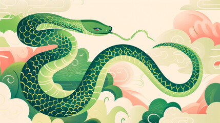 Obraz premium A stunning green snake winds gracefully, embodying the spirit of the Chinese New Year 2025, surrounded by traditional motifs and colors. Copy space