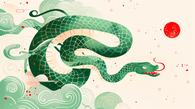 A green snake coils among stylized clouds as symbol of Chinese New Year of 2025. Greeting card. Copy space