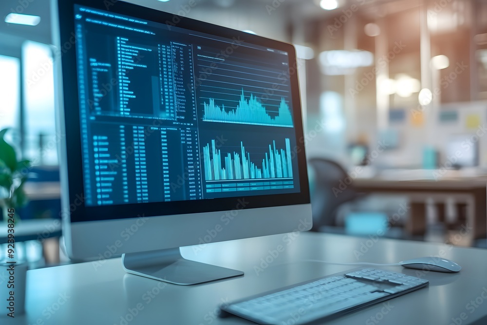 Poster a computer monitor displaying various graphs and data analysis charts, with a blurred office backgro