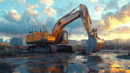 A large excavator digs into the earth as the sun sets, casting warm hues across a bustling construction site