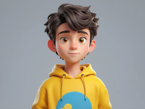 Cartoon character young teen boy portrait, wear yellow sweater, 3d style design on light background