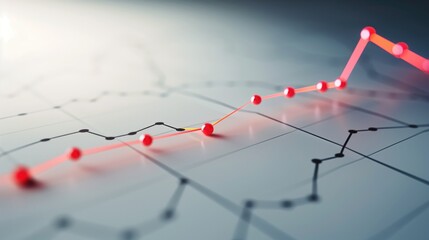 Abstract 3D graph with red line and data points on a blurred grid background. Concepts of data analysis, business trends, and financial growth.