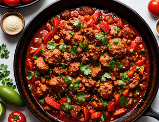 Savory Meatballs Simmering in Rich Tomato Sauce With Fresh Vegetables and Herbs