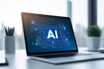 The inscription on the laptop screen "AI"