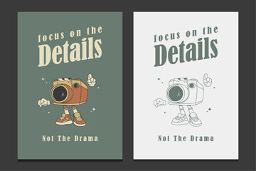 retro poster or wall art with a cartoon camera character, vector illustration