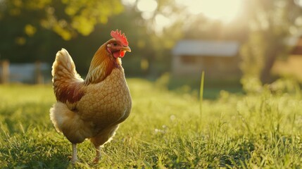 Fototapeta premium Free-Range Hen in Sunlit Farmyard - A healthy free-range hen enjoys the warmth of the morning sun in a serene farmyard, capturing the essence of rural life.