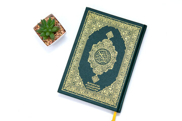 a hand pointing to the Muslim holy book al quran isolated on a white background with plants