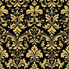 A black and gold floral wallpaper design featuring intricate patterns and designs