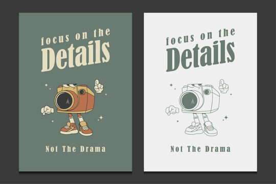 retro poster or wall art with a cartoon camera character, vector illustration