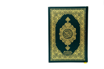 a hand pointing to the Muslim holy book al quran isolated on a white background with