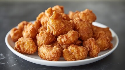 Crispy Popcorn Chicken on White Plate - Close-up of crispy popcorn chicken pieces served on a white plate, showcasing their golden, crunchy texture, perfect for a snack or meal.