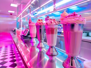 Streamlined Milkshake Bar with Vibrant Neon Lit Drinks and Advanced Robotic Baristas  a Bold Vision of the Dessert of Tomorrow