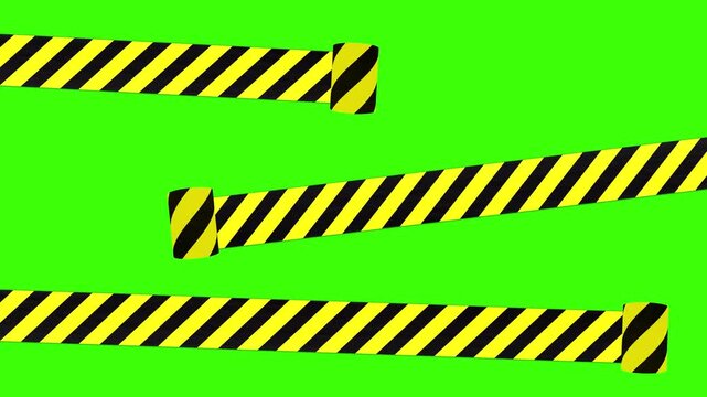Caution tape and police line rolling across the screen from different directions,isolated by the alpha channel.Black and yellow line striped Warning danger tape.no crossing line.drag and drop use.