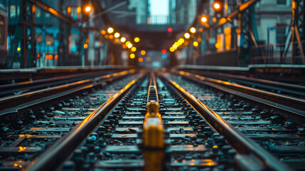 Obraz premium Railroad tracks converging towards a cityscape under evening lights.