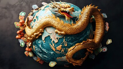 Fototapeta premium Chinese Dragon Coiled Around Global Currencies on Spherical World Map