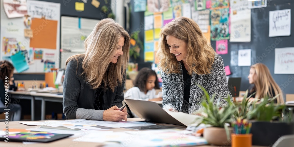 Poster two teachers brainstorming lesson plans together in a modern classroom filled with educational poste