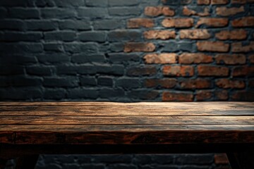 Old wooden table with brick background dark , ai