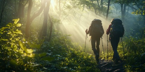 Two hikers on the move through a dense forest, with backpacks and trekking poles, morning mist rising