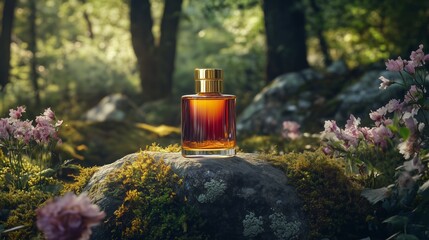 A perfume bottle surrounded by flowers and greenery in a tranquil forest setting during golden hour