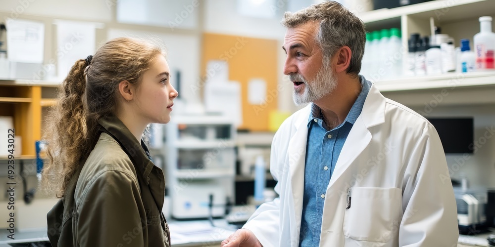 Aufkleber A professor and a student discussing research results in a university lab surrounded by scientific equipment and data charts academic partnership