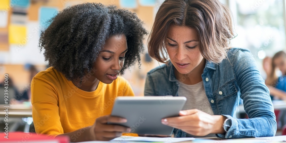 Poster a close-up of two teachers collaborating over a digital tablet in a modern school environment intens