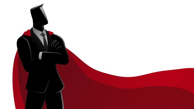Businessman as a superhero, wearing a magnificent red cape and posing gallantly with arms crossed. Symbolize confidence, strength, and exceptional leadership in the corporate world