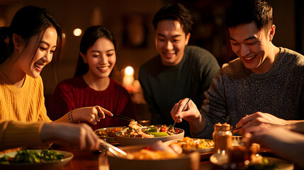 Friends enjoying a meal together, laughing and sharing food.