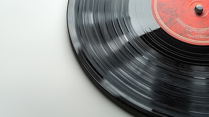 Close-Up of a Vintage Vinyl Record on a White Background with Red Label, Showcasing Classic Music Media and Retro Audio Technology for Music Enthusiasts and Collectors