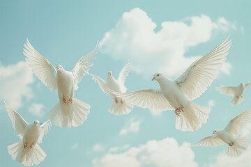 Fototapeta premium A serene group of white doves soaring gracefully in a clear blue sky symbolizing peace and freedom