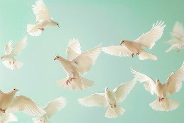 Obraz premium Graceful white doves in mid-flight against a soft green sky, embodying peace, purity, and the freedom of nature