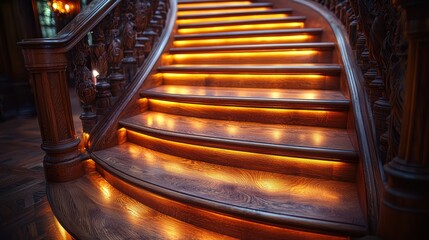 Elegant Curved Wooden Staircase with Warm Ambient Lighting in a Luxurious Interior Setting