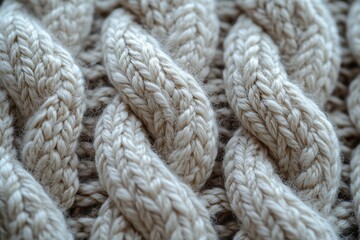 Close-up of intricate cable knit pattern in soft natural yarn, showcasing craftsmanship and texture