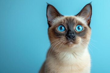 Close-up of an adorable Siamese kitten with vivid blue eyes, looking up curiously against a bright blue background.

