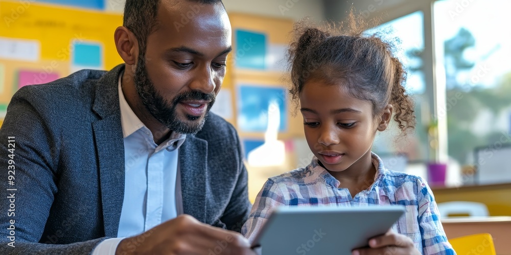 Aufkleber a close-up of two teachers collaborating over a digital tablet in a modern school environment intens