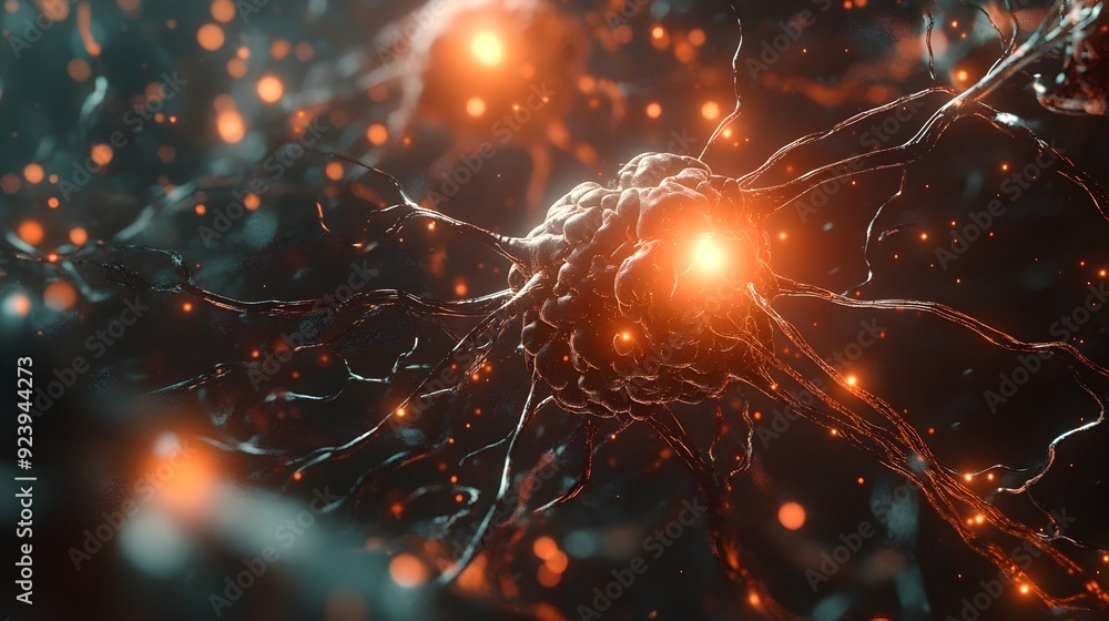 Aufkleber Complex Neural Network with Firing Electrical Impulses in 3D Digital Visualization