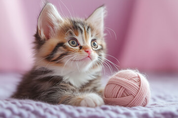 Adorable fluffy kitten with a calico pattern, lying beside a pink ball of yarn on a soft blanket, with a pink background.

