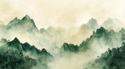 A beautiful mountainscape with misty fog and vibrant greens, perfect for artistic and calming themes