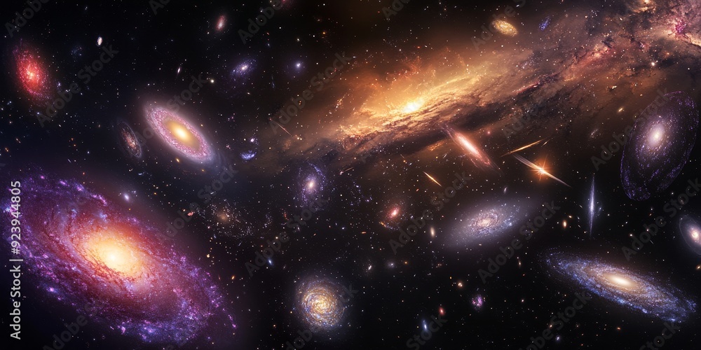Poster a distant galaxy cluster, with multiple galaxies of various shapes and sizes interacting in a vast c