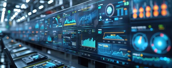 Obraz premium Digital dashboard monitoring factory operations, highlighting smart technologies (selective focus, smart factory theme, futuristic, overlay, control center backdrop)