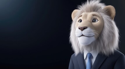 A well-dressed lion in a classic suit stands confidently against a dark backdrop, exuding charm and sophistication