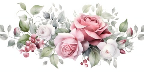 Bouquet of pink roses with green leaves watercolour