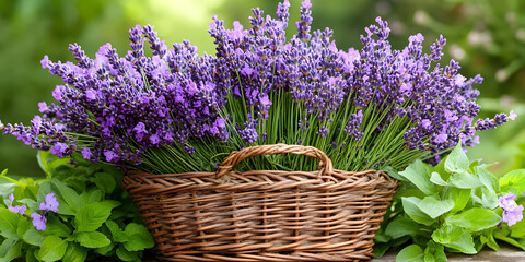 Fototapeta premium Blooming lavender arranged in a basket