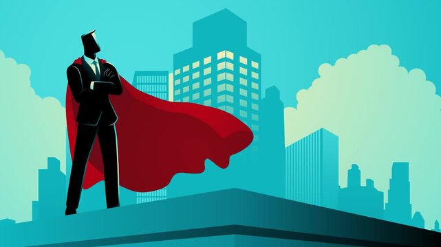 Businessman as a superhero standing on the top of a building, accomplishment, determination, conquer obstacles, vector illustration