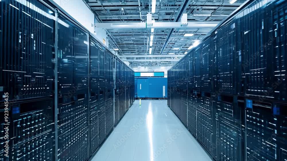 Poster discover the advanced technology and organized layout of a bustling data center as servers are align