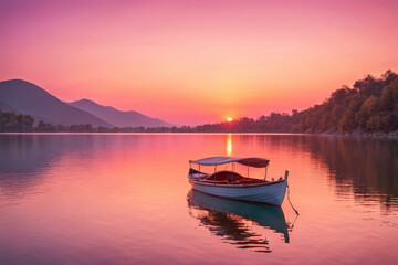 Serene Sunset Over Calm Lake With Single Boat Anchored in Tranquil Waters